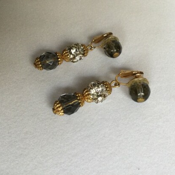 Vintage Swarovski Clear Crystal & Montana Blue Czech Fire Polish Clip Earrings - Picture 2 of 7